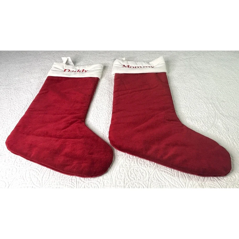 Pottery Barn Extra Large Velour Christmas Stockings Set of 2 Embroidered NEW